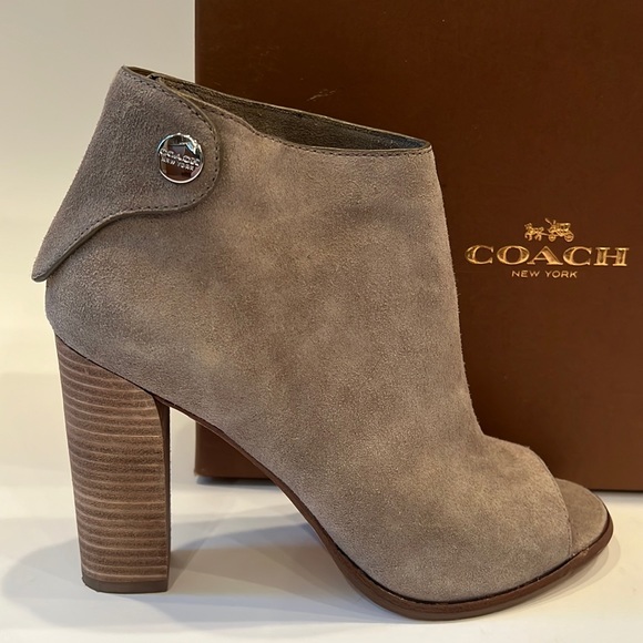 Coach Labelle Slate Taupe Suede Open Peep Toe Zip Back Heeled Bootie Sandals 8 - Picture 1 of 12